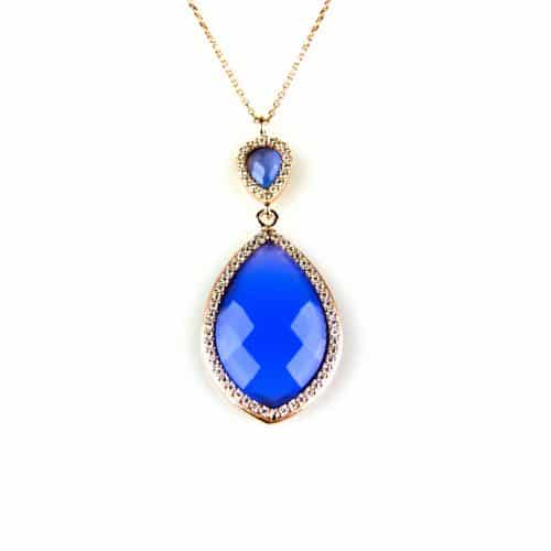 model Markies collier in zilver roze verguld gezet blauwe steen en cubic zirconia - Medaillon