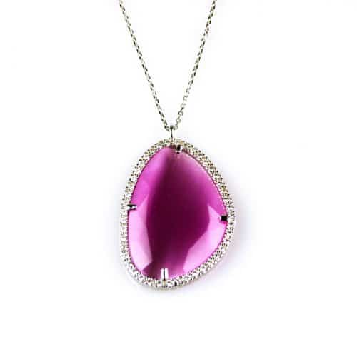 model Druppel gezet ketting in zilver met hanger gezet met roze steen en cubic zirconia - Medaillon