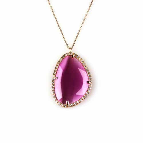 model Druppel gezet ketting in zilver roze verguld met hanger gezet met roze steen en cubic zirconia - Medaillon