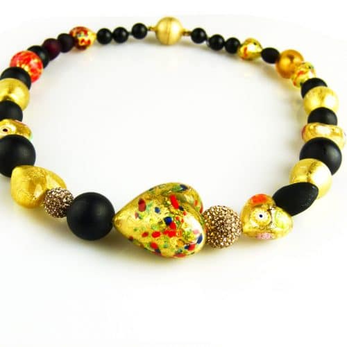 collier onyx, goudkleurig venetiaans glas en gouden strassparels - Armband