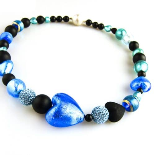 collier gemengd onyx, blauw venetiaans glas en blauwe strassparels - Armband