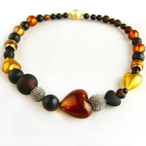 collier onyx en bruin venetiaans glas en bruine strassparels - Armband