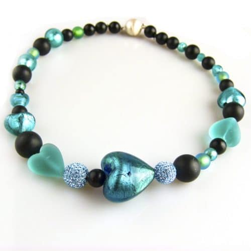 collier onyx en turkoois venetiaans glas en strassparels - Armband