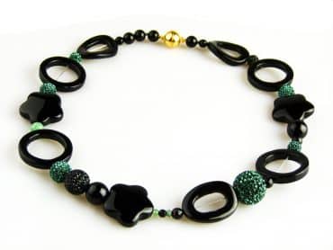 collier onyx gemengd en groene strassparels - Armband