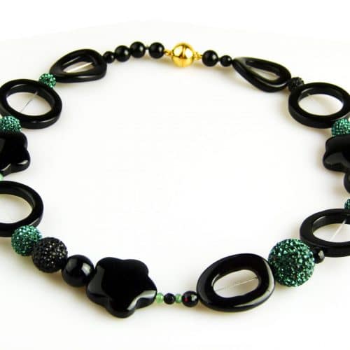 collier onyx gemengd en groene strassparels - Armband