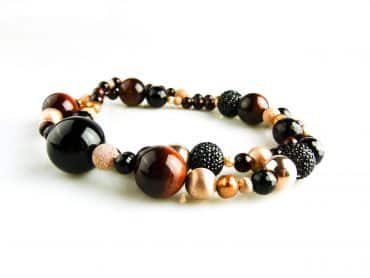 collier gemengde halfedelstenen : onyx, tijgeroog, strassparels en zilver roze verguld - Armband