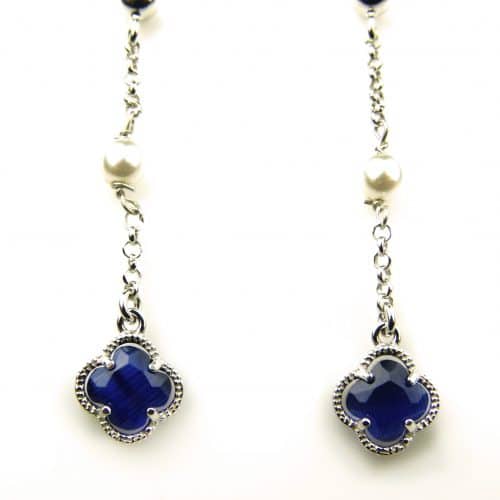 oorringen in zilver model flower met parel - donkerblauw - Saffier