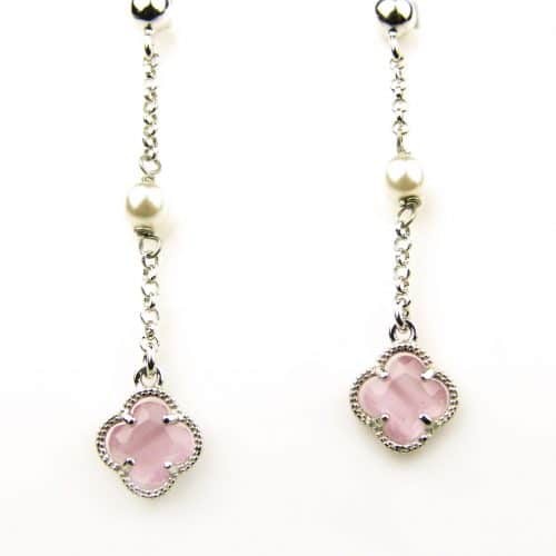 oorringen in zilver model flower met parel - roze - Oorbel