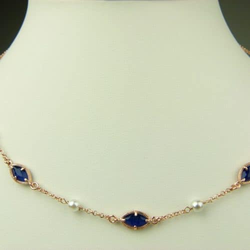 collier in zilver roze goud verguld model marquise - donkerblauw - Kraal