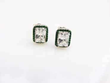 Model Small Rectangle Green zilveren oorringen met groene en witte stenen cubic zirconia - Oorbel