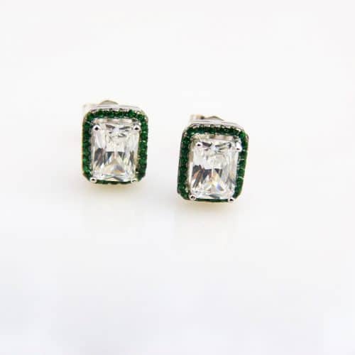 Model Small Rectangle Green zilveren oorringen met groene en witte stenen cubic zirconia - Oorbel