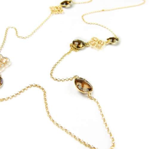 Zilveren collier halsketting geel goud verguld Model Glossy Stones gezet met bruine stenen - Ketting