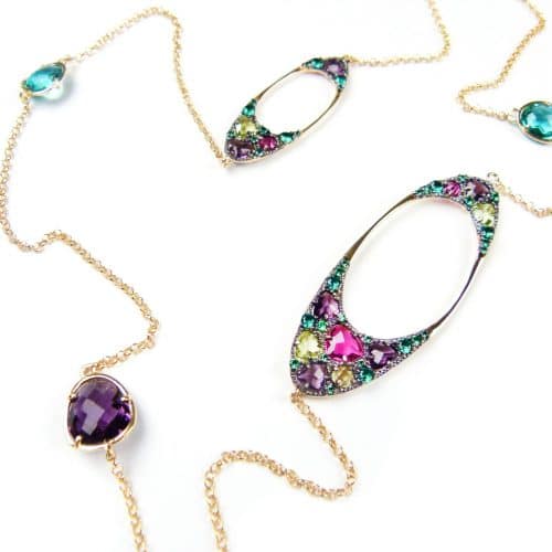 Zilveren collier halsketting geel goud verguld Model Magic Stardust Big gezet met gekleurde stenen paars, groen, en fushia - Keten