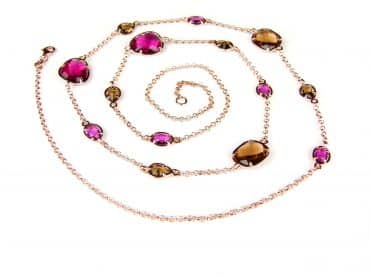 Zilveren halsketting collier halssnoer roze goud verguld Model Multi Forms gezet met rode en bruine stenen - Kraal