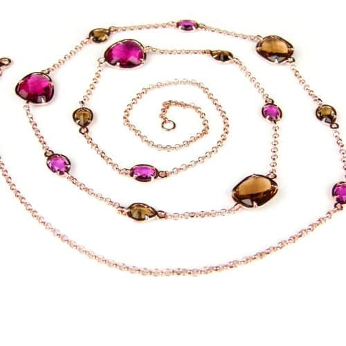 Zilveren halsketting collier halssnoer roze goud verguld Model Multi Forms gezet met rode en bruine stenen - Kraal