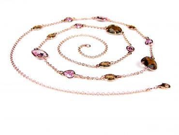 Zilveren halsketting collier halssnoer roze goud verguld Model Multi Forms gezet met roze en bruine stenen - Ketting