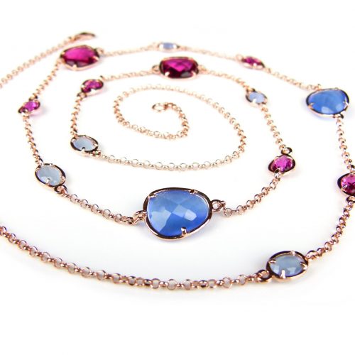 Zilveren halsketting collier halssnoer roze goud verguld Model Multi Forms gezet met roze en blauwe stenen - Ketting