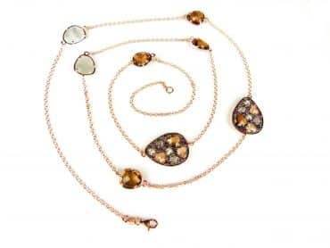 Zilveren halssnoer collier halsketting roos goud verguld Model Golden Colors gezet met bruine stenen - Ketting