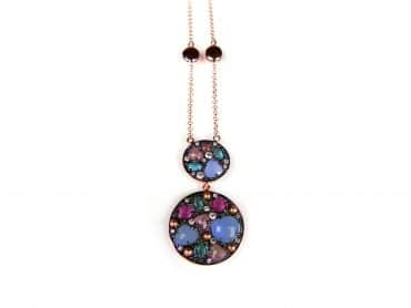 Zilveren halsketting collier halssnoer roos goud verguld Model Double Full Moon gezet met blauwe en roze stenen - Medaillon
