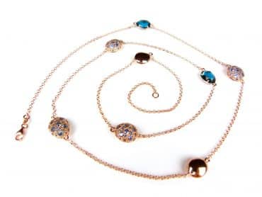Zilveren halsketting collier halssnoer roos goud verguld Model Bubbels Pave gezet met blauwe stenen - Turkoois