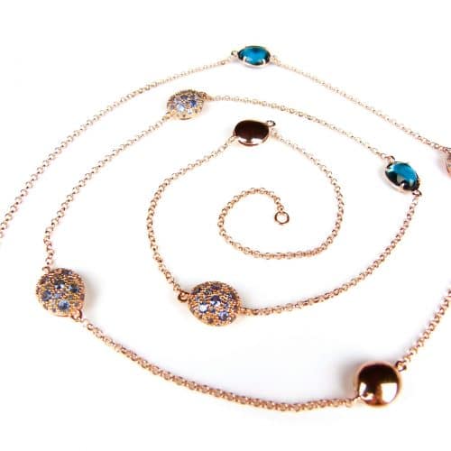 Zilveren halsketting collier halssnoer roos goud verguld Model Bubbels Pave gezet met blauwe stenen - Turkoois