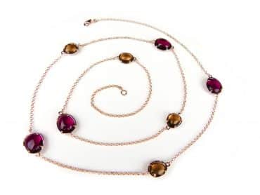 Zilveren halsketting collier halssnoer roze goud verguld Model Bubbels gezet met bruine en bordeaux stenen - Ketting