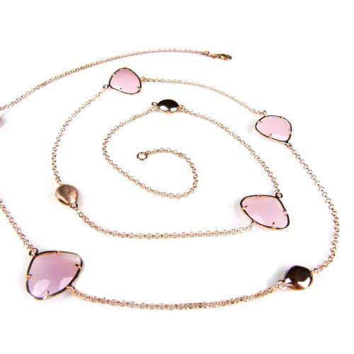 Ketting Model Triangel zilveren ketting collier halssnoer roze goud verguld gezet met roze stenen - Ketting