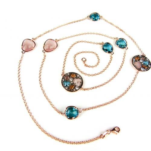 Zilveren ketting collier halssnoer roos goud verguld model Colorfull Shine gezet met bruine en blauwe stenen - Turkoois