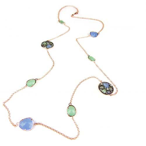 Ketting Model Colorfull Shine zilveren ketting collier halssnoer roos goud verguld gezet met blauwe en groene stenen - Turkoois