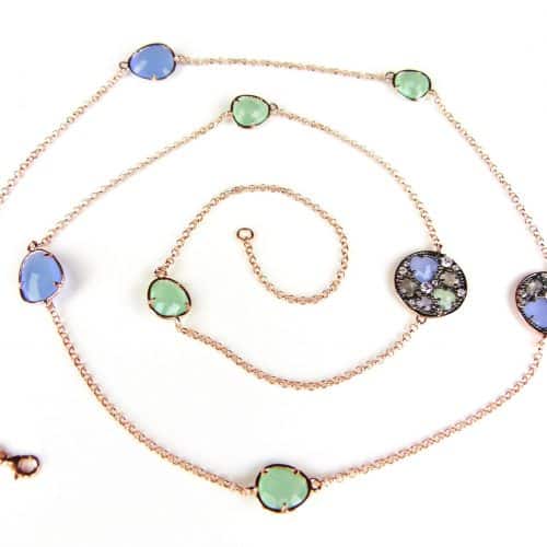 Zilveren collier halssnoer ketting roos goud verguld model Colorfull Shine gezet met blauwe en gekleurde stenen - Turkoois