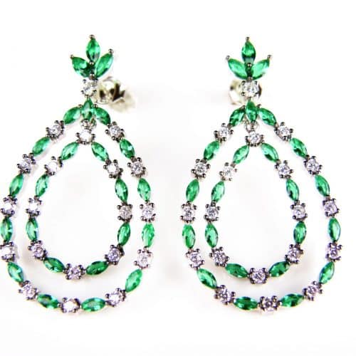 Zilveren oorringen Model Green Drop zilveren oorringen gezet met groene stenen en cubic zirconia - Oorbel