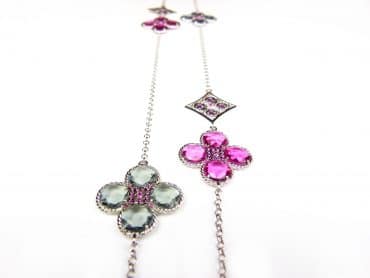 Lange zilveren collier halsketting Model Sugary Sweetness gezet met grijze en roze stenen - Ketting