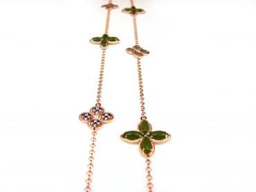 Lange zilveren collier halsketting roos goud verguld Model Refined Repitition gezet met groene kaki stenen - Religieus item