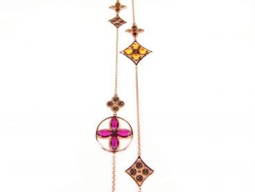 Lange zilveren collier halsketting roos goud verguld Model Inspired Beauty gezet met roze en bruine stenen - kerst versiering