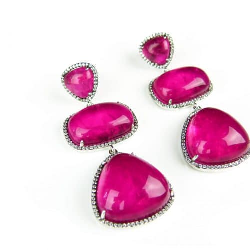 Zilveren oorringen oorbellen Model Pink Trio gezet met roze stenen en cubic zirconia - Tafelpoten