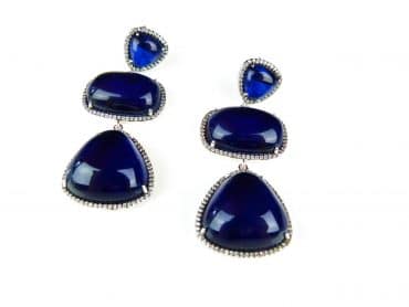 Zilveren oorringen oorbellen Model Blue Trio gezet met blauwe stenen en cubic zirconia - Oorbel