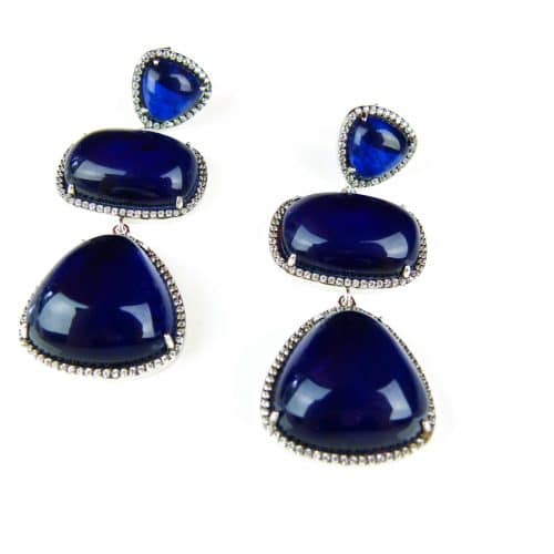 Zilveren oorringen oorbellen Model Blue Trio gezet met blauwe stenen en cubic zirconia - Oorbel