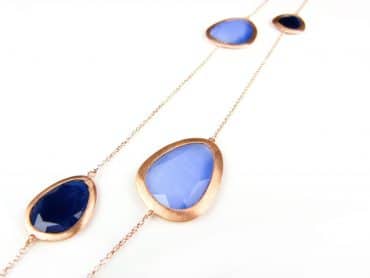 zilveren halsketting halssnoer collier roos goud verguld met blauwe stenen