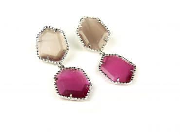 Zilveren oorringen oorbellen Model Hexagon met roze en bruine stenen - Oorbel