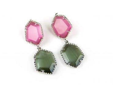 Zilveren oorringen oorbellen Model Hexagon met roze en grijze stenen - Oorbel