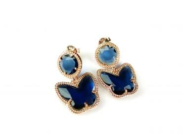 Zilveren oorringen oorbellen roos goud verguld Model Butterfly gezet met donker blauwe stenen - Oorbel