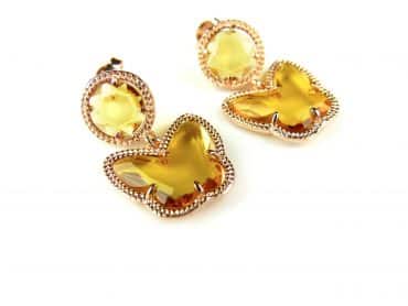 Zilveren oorringen oorbellen roos goud verguld Model Butterfly gezet met gele stenen - Oorbel