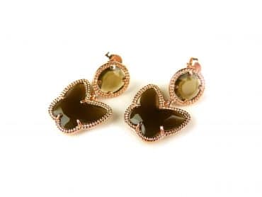 Zilveren oorringen oorbellen roos goud verguld Model Butterfly met bruine stenen - Oorbel