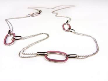 Zilveren halssnoer halsketting collier Model Email met roze email schakels - Zilver