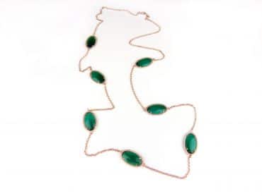 Zilveren halsketting halssnoer collier roos goud verguld Model Oval met groene stenen - Turkoois