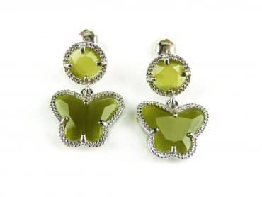 Zilveren oorringen oorbellen Model vlinder en rond gezet met kaki groene steen