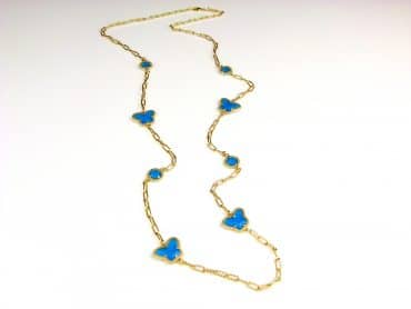 lange zilveren halsketting collier halssnoer geelgoud verguld Model Vlinder en Bol met fel blauwe stenen