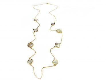 lange zilveren collier halsketting halssnoer geelgoud verguld Model Blossom met parelmoerkleurige stenen