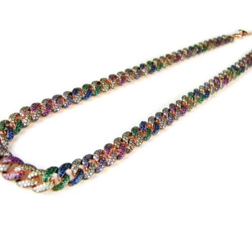 Zilveren gourmette halssnoer halsketting collier roos goud verguld gezet met multicolor cubic zirconia