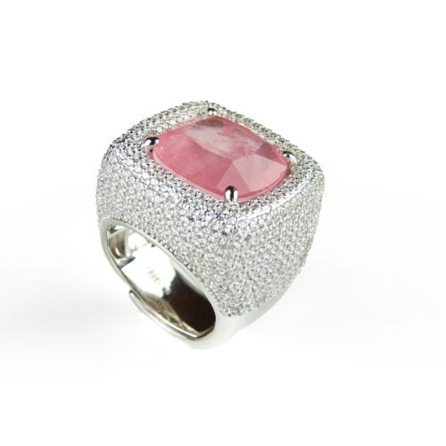 Brede zilveren ring met roze steen en cubic zirconia